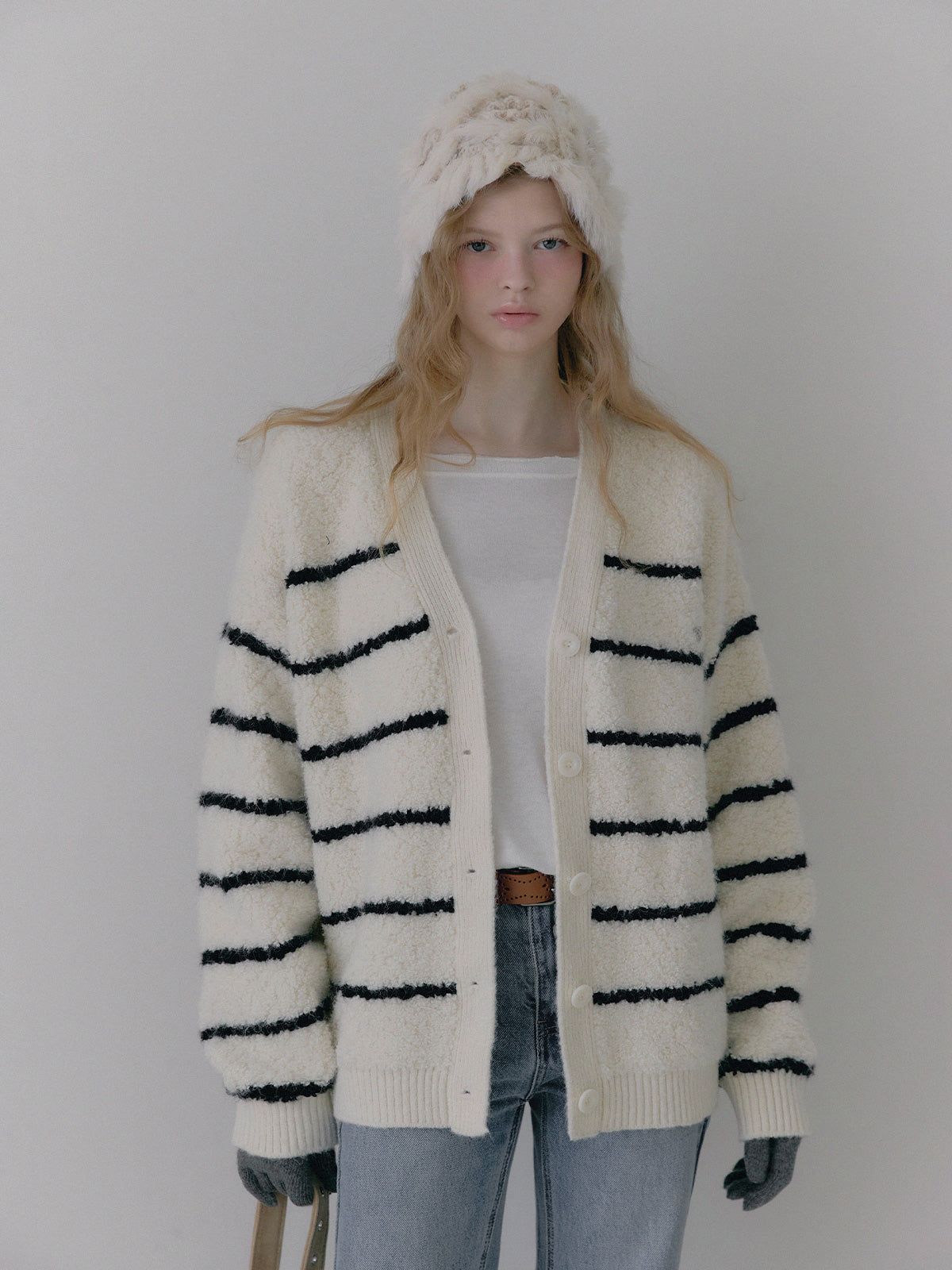 [TWEE] Cardigan Oversize a V con Bouclé a Righe Dent