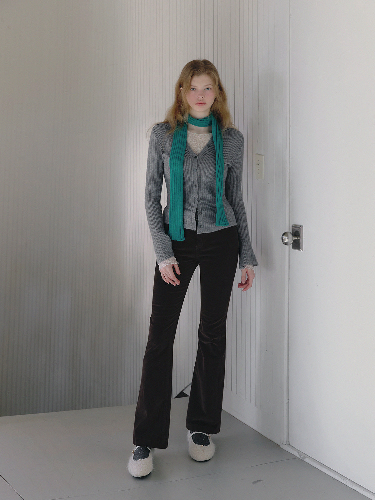 【TWEE】Tails-Kragen gerippte Langarm-Strickjacke