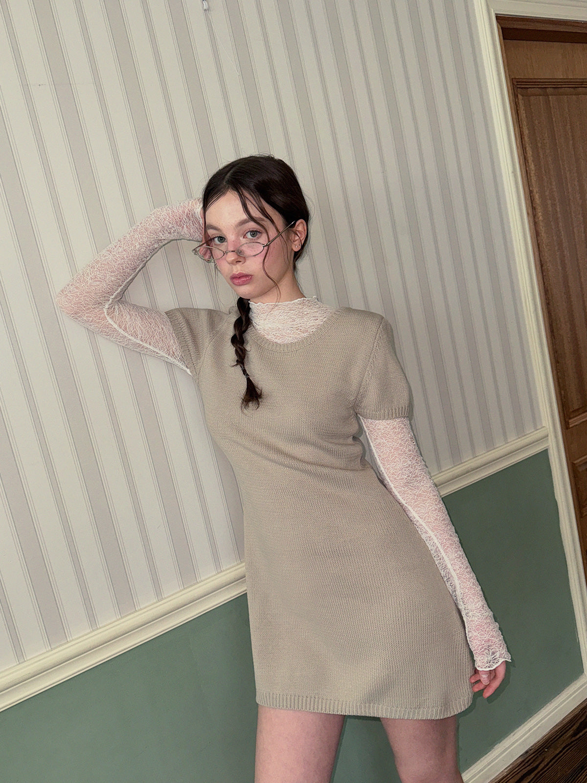[TWEE] Eton Knit Short-Sleeve Mini Dress (Strap Set)