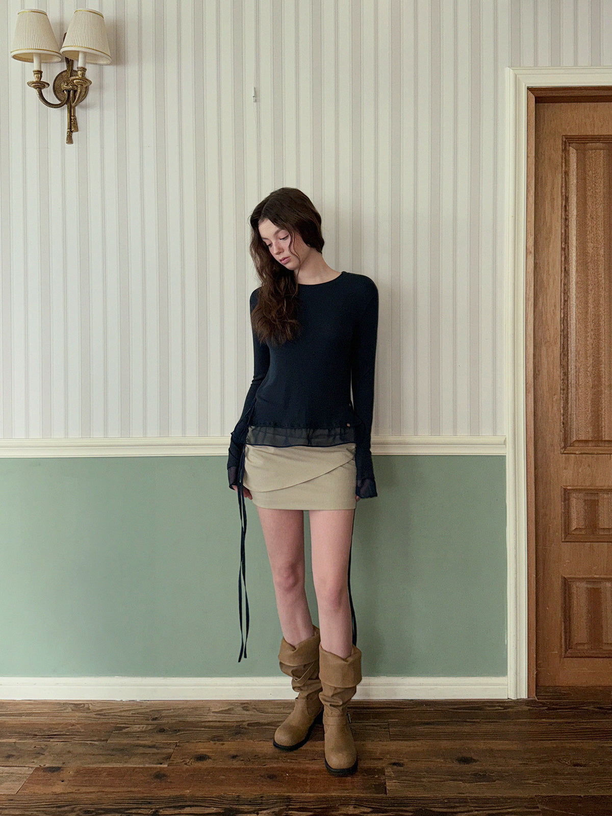 [TWEE] Canvil Sheer Layered Strap Long Sleeve T-Shirt