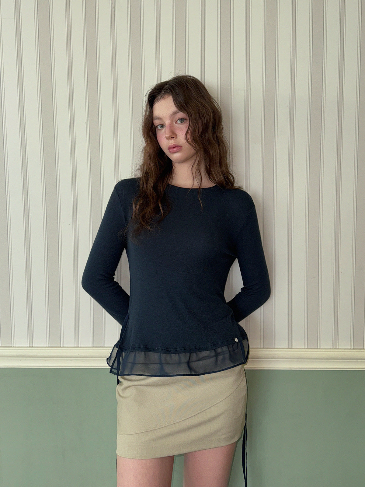 [TWEE] Canvil Sheer Layered Strap Long Sleeve T-Shirt