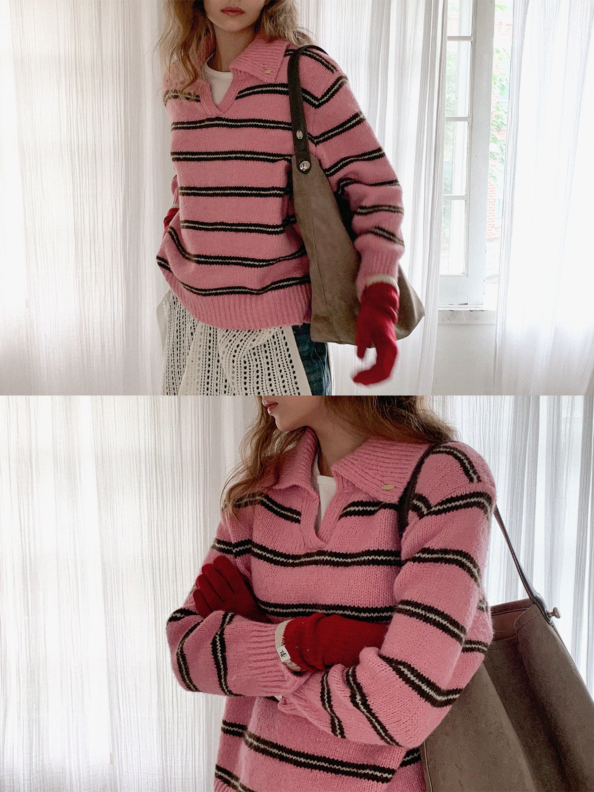 [TWEE] Lemoon Cổ Áo Sọc Dệt Kim Form Rộng