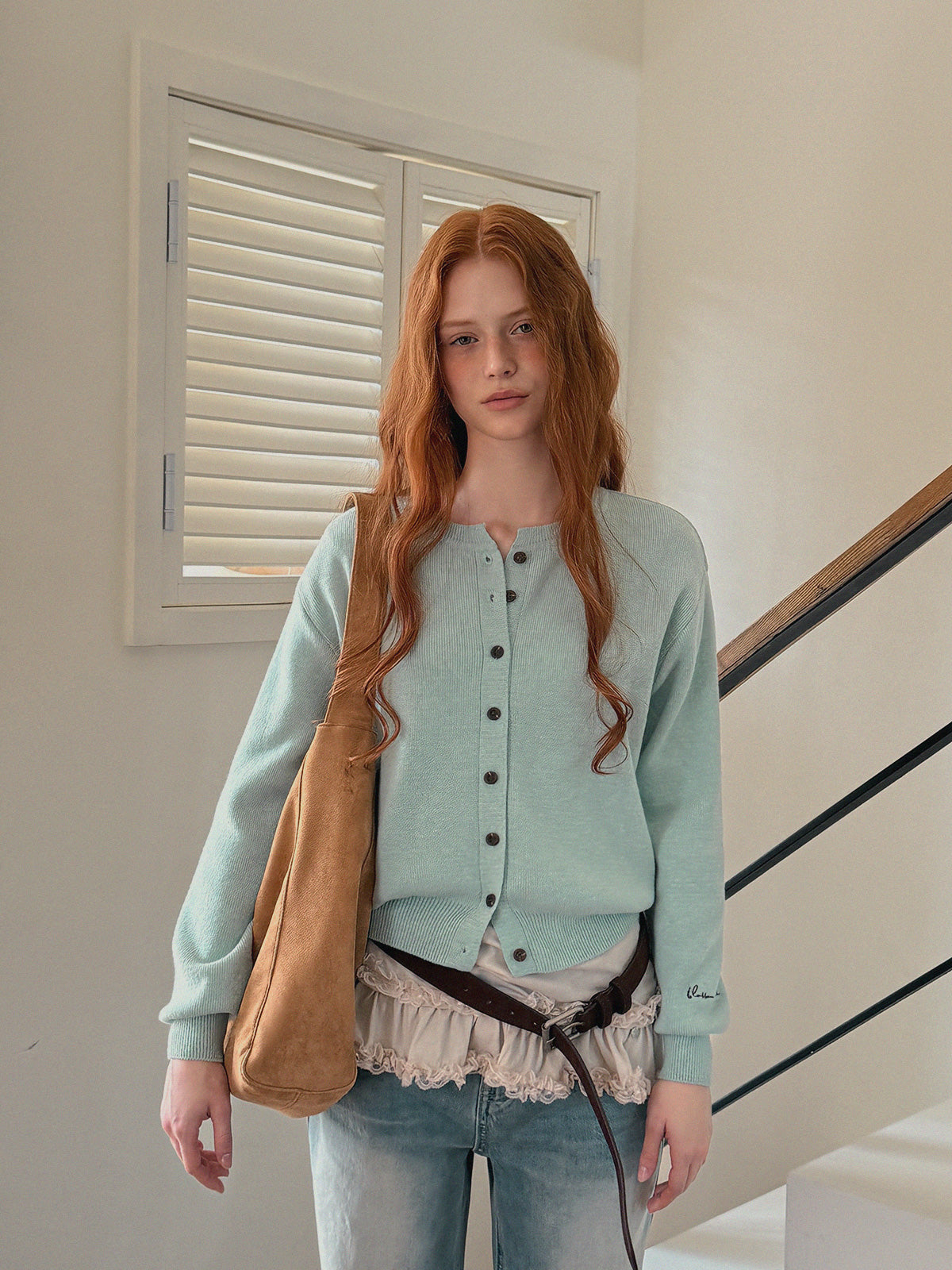 [TWEE] Shorty Embroidered Round Neck Long Sleeve Cardigan