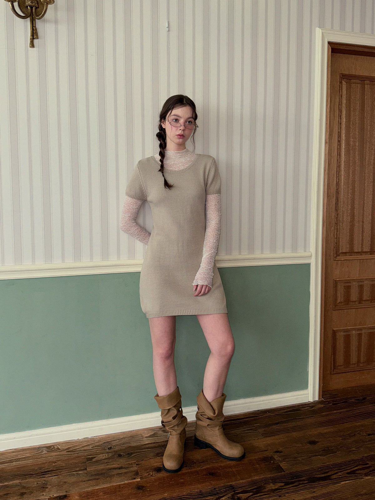 [TWEE] Eton Knit Short-Sleeve Mini Dress (Strap Set)