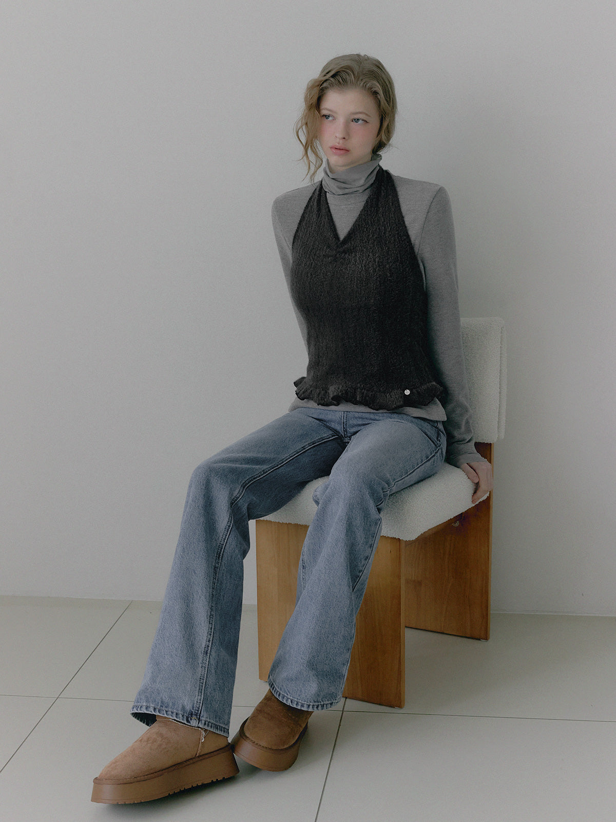 [TWEE] Áo Bustier Dây Yếm Họa Tiết Boucle Có Viền Xếp Ly