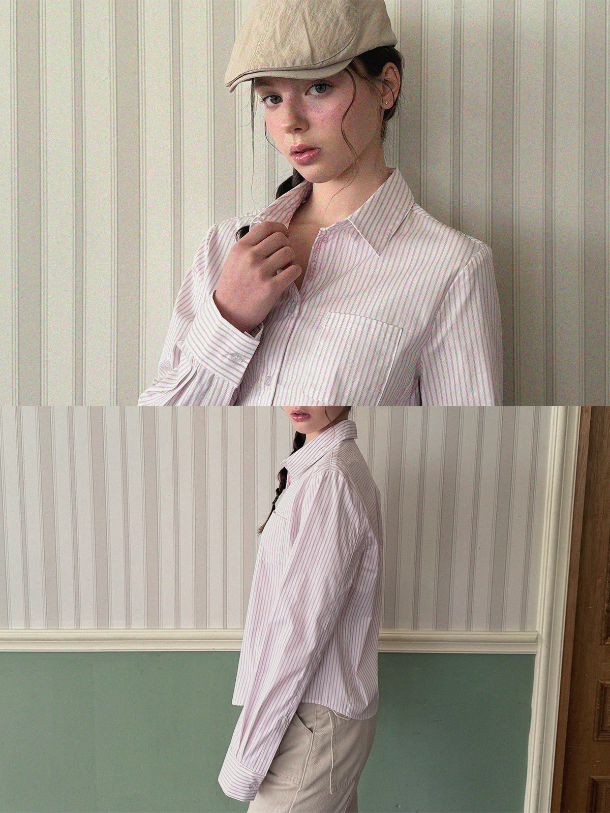 [TWEE] Ronty Stripe Embroidered Pocket Long Sleeve Shirt