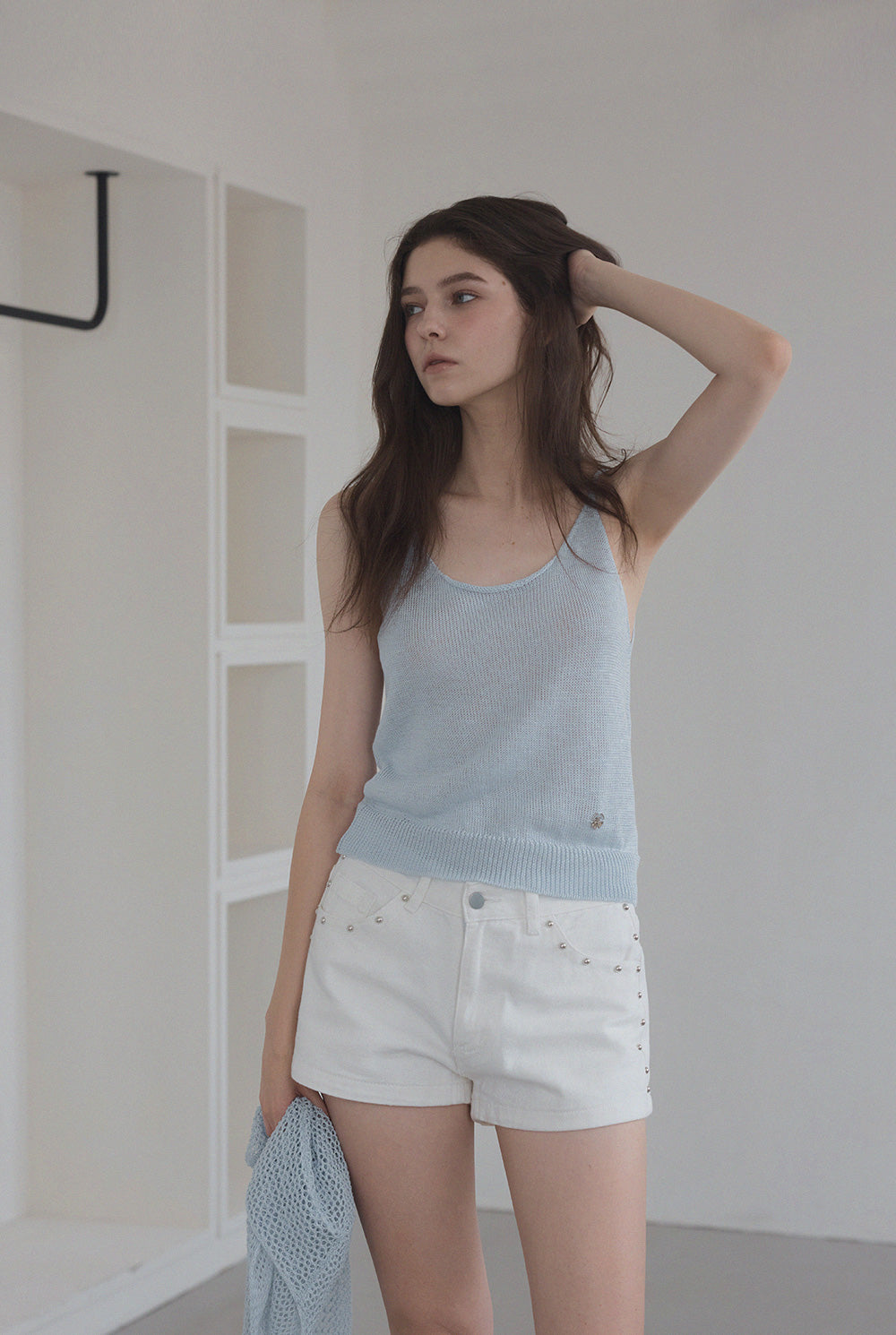 [TWEE] Louver Punching Strick Tank Cardigan Set