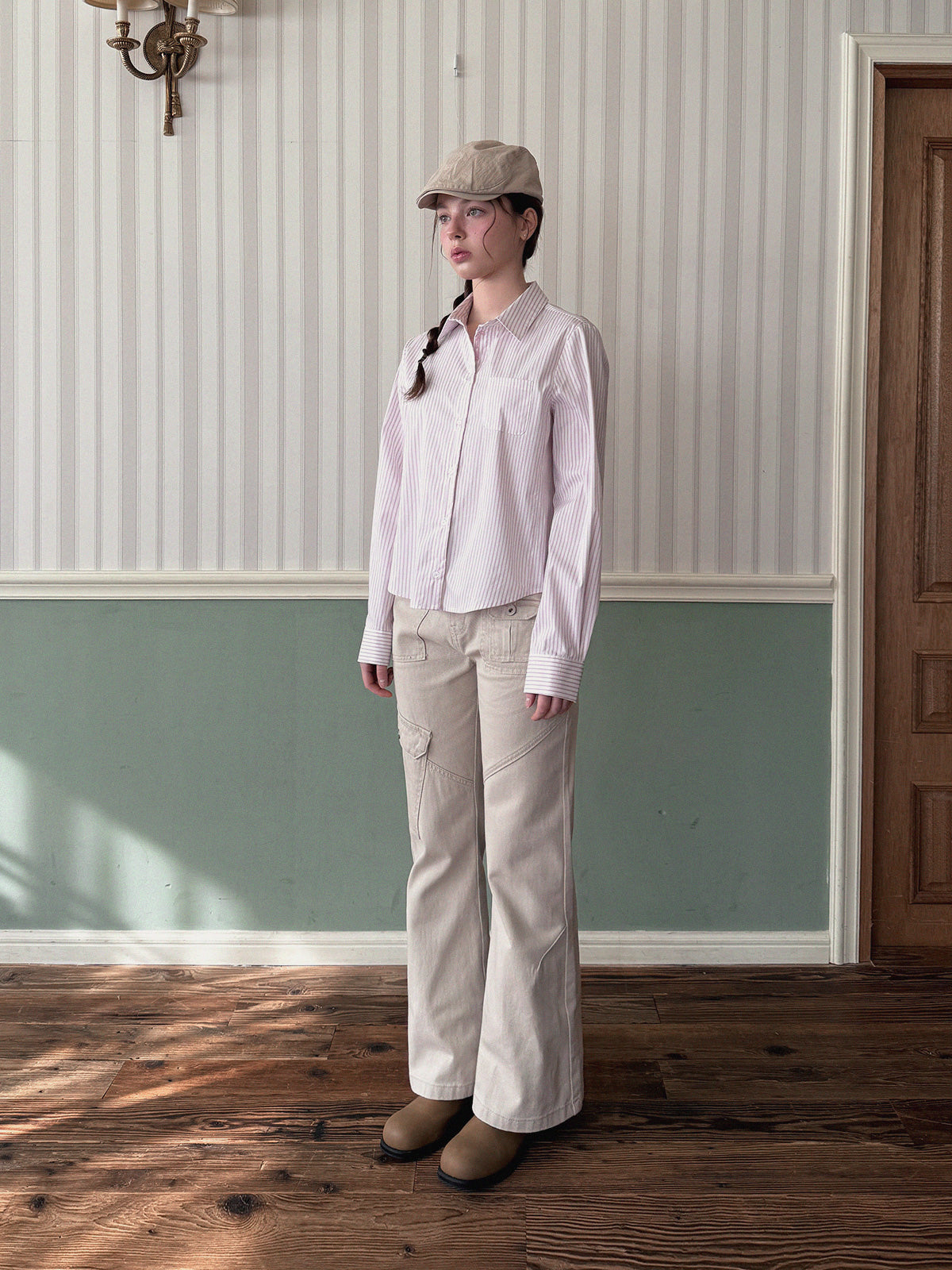 [TWEE] Ronty Stripe Embroidered Pocket Long Sleeve Shirt