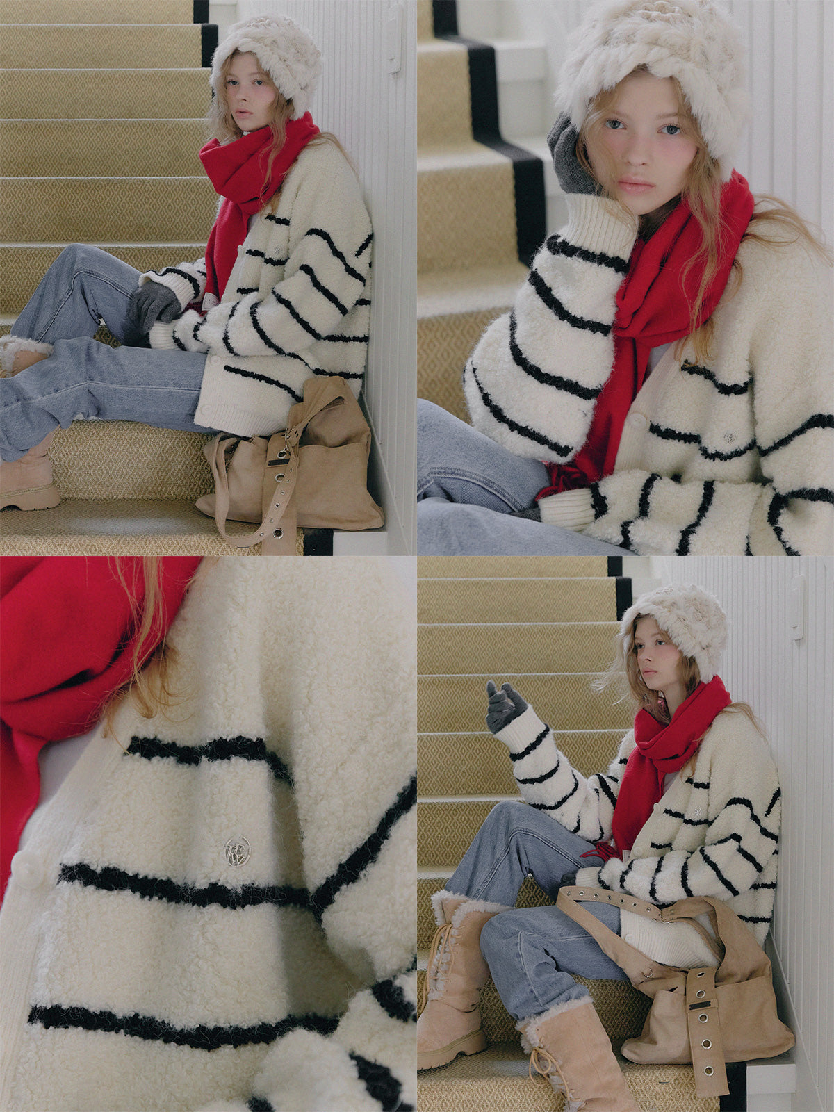 [TWEE] Cardigan Oversize a V con Bouclé a Righe Dent