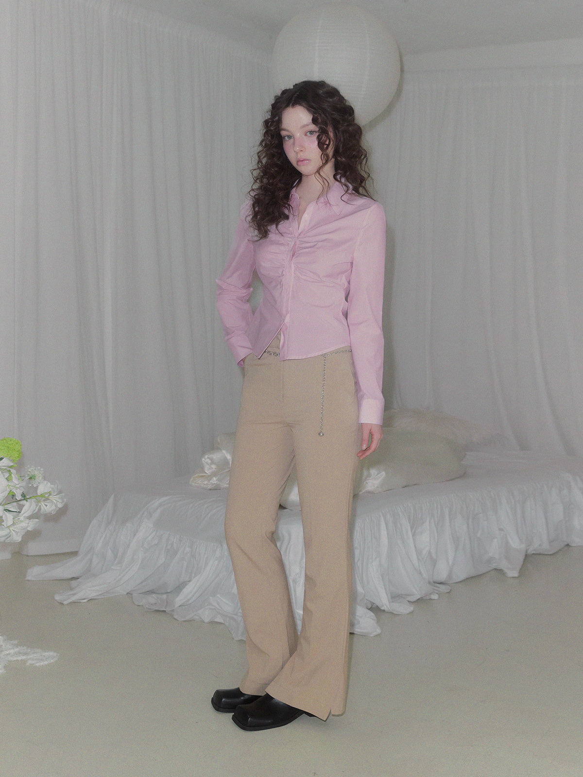 [TWEE] Pillen Shirring Slim-fit Long Sleeve Shirt