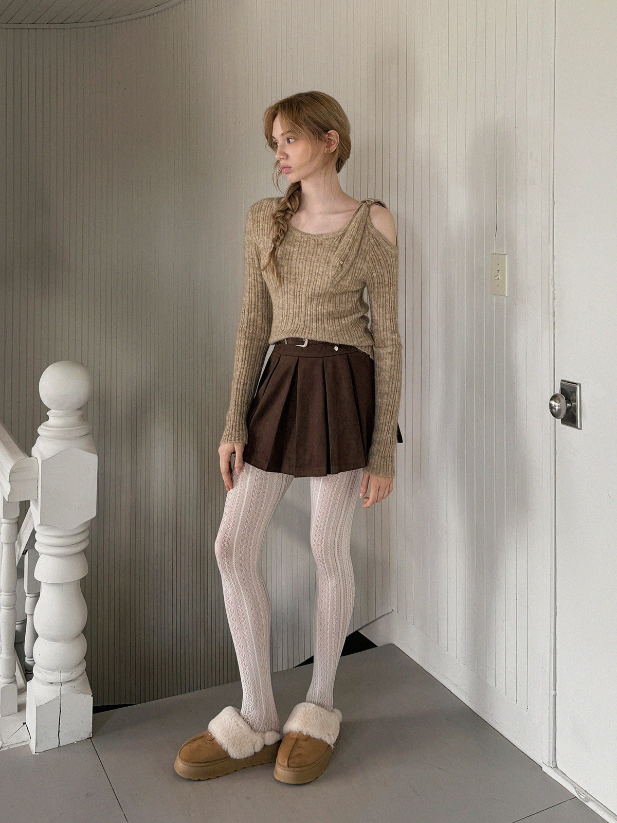 [TWEE] Bohe Shoulder Cut-Out Strap Knit Top