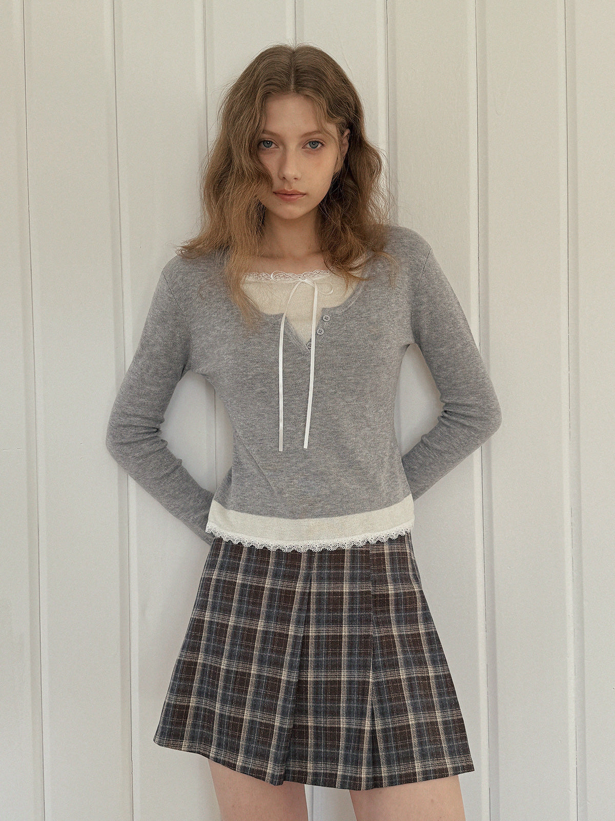 Tours Check Unbalance Pintuck Mini Skirt