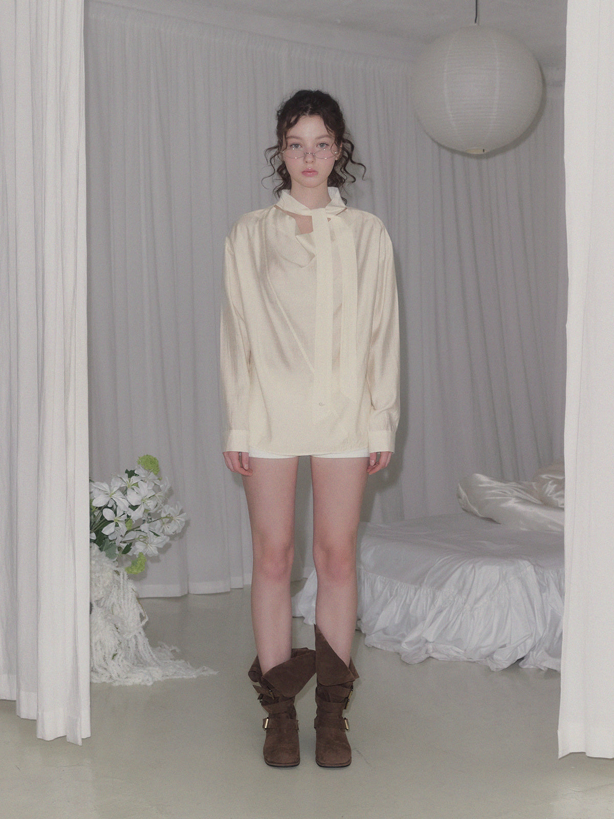 [TWEE] Eton drape strap long sleeve blouse