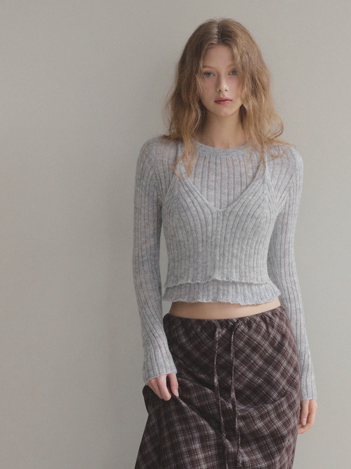 [TWEE] Conel Layered Crop Long-Sleeve Knit