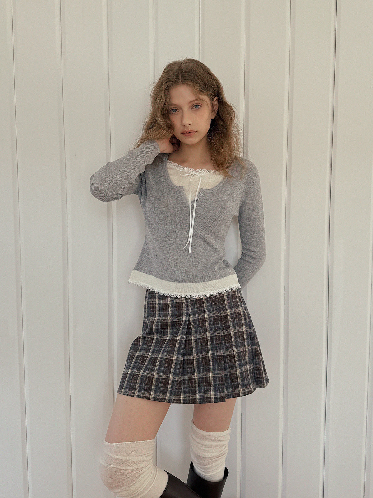 [TWEE] Tours Check Unbalance Pintuck Mini Skirt