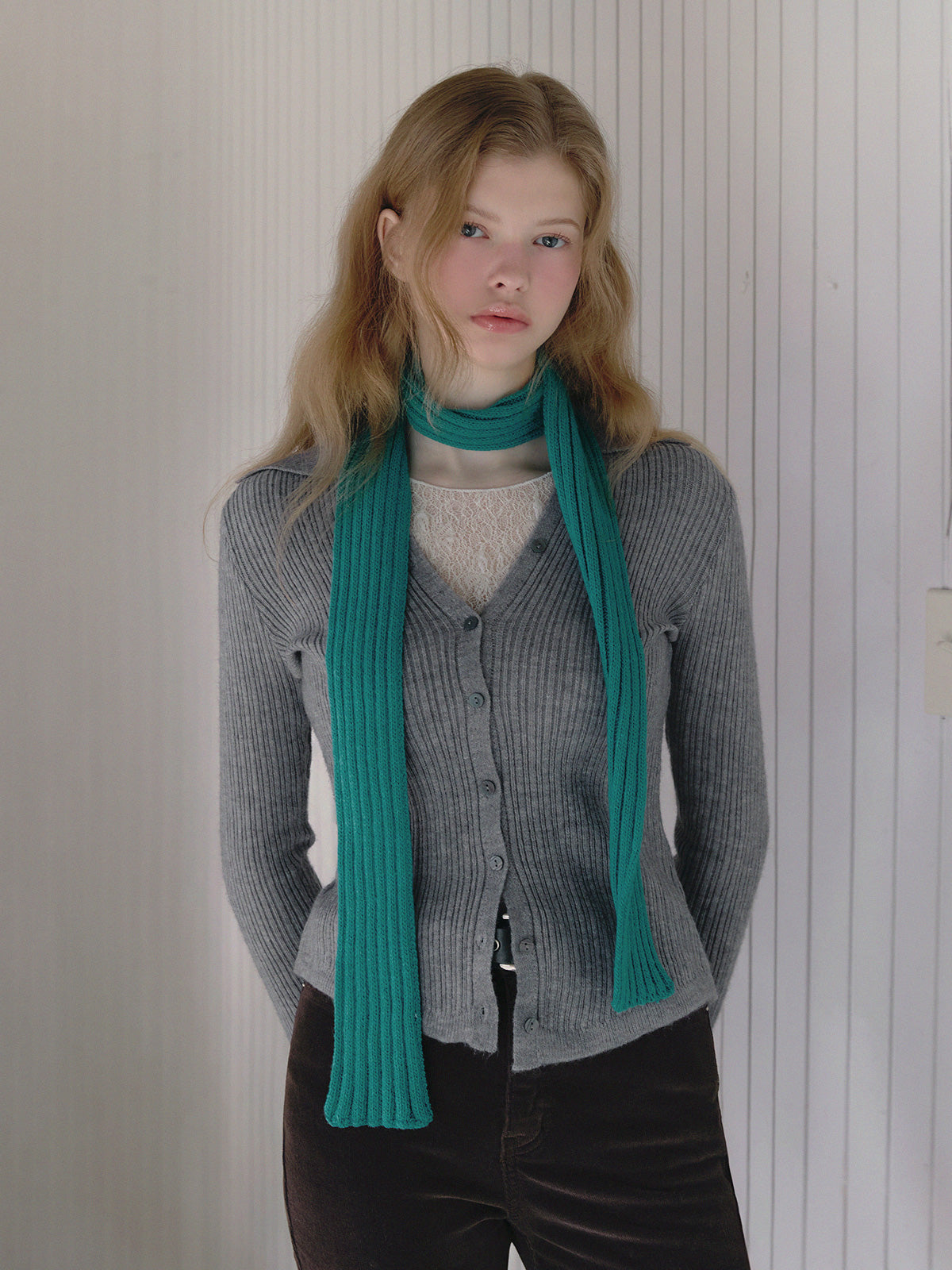 【TWEE】Tails-Kragen gerippte Langarm-Strickjacke