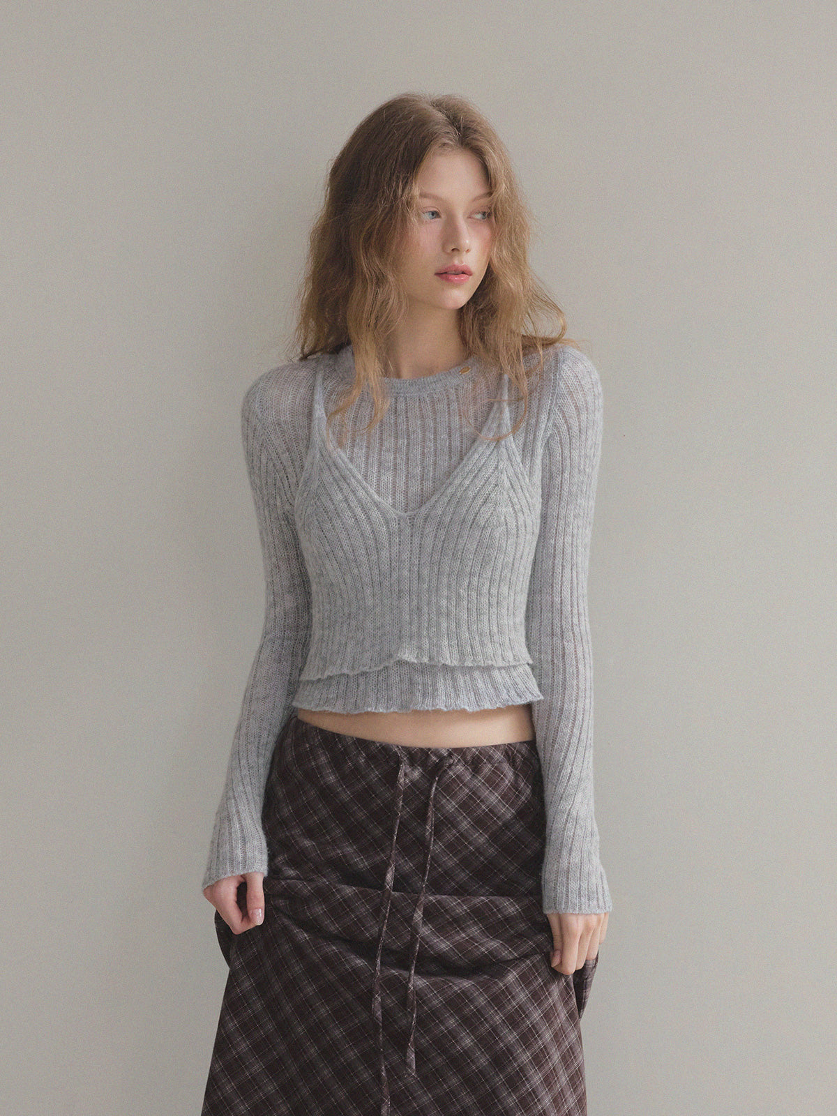 [TWEE] Conel Layered Crop Long-Sleeve Knit