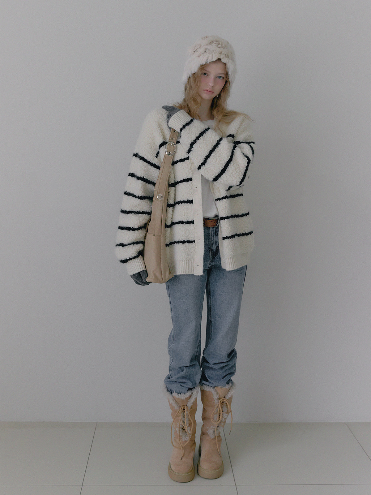 [TWEE] Cardigan Oversize a V con Bouclé a Righe Dent