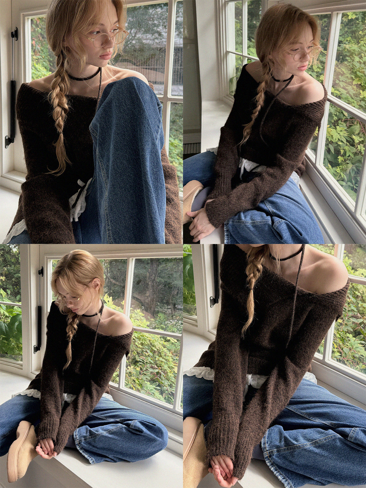 [TWEE]Ecle 비대칭 넥 루즈핏 니트 (스트랩 포함)