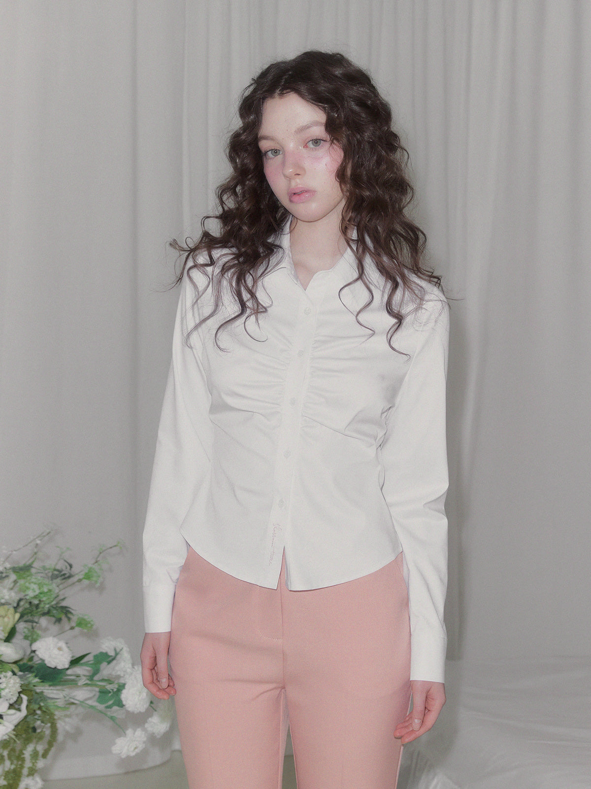 [TWEE] Pillen Shirring Slim-fit Long Sleeve Shirt