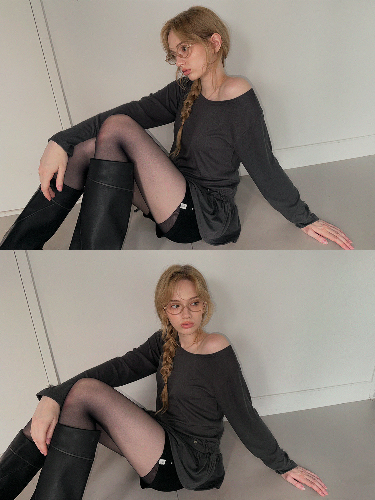 [TWEE] Langärmliges Off-Shoulder-Shirt mit doppeltem Flossenvolant