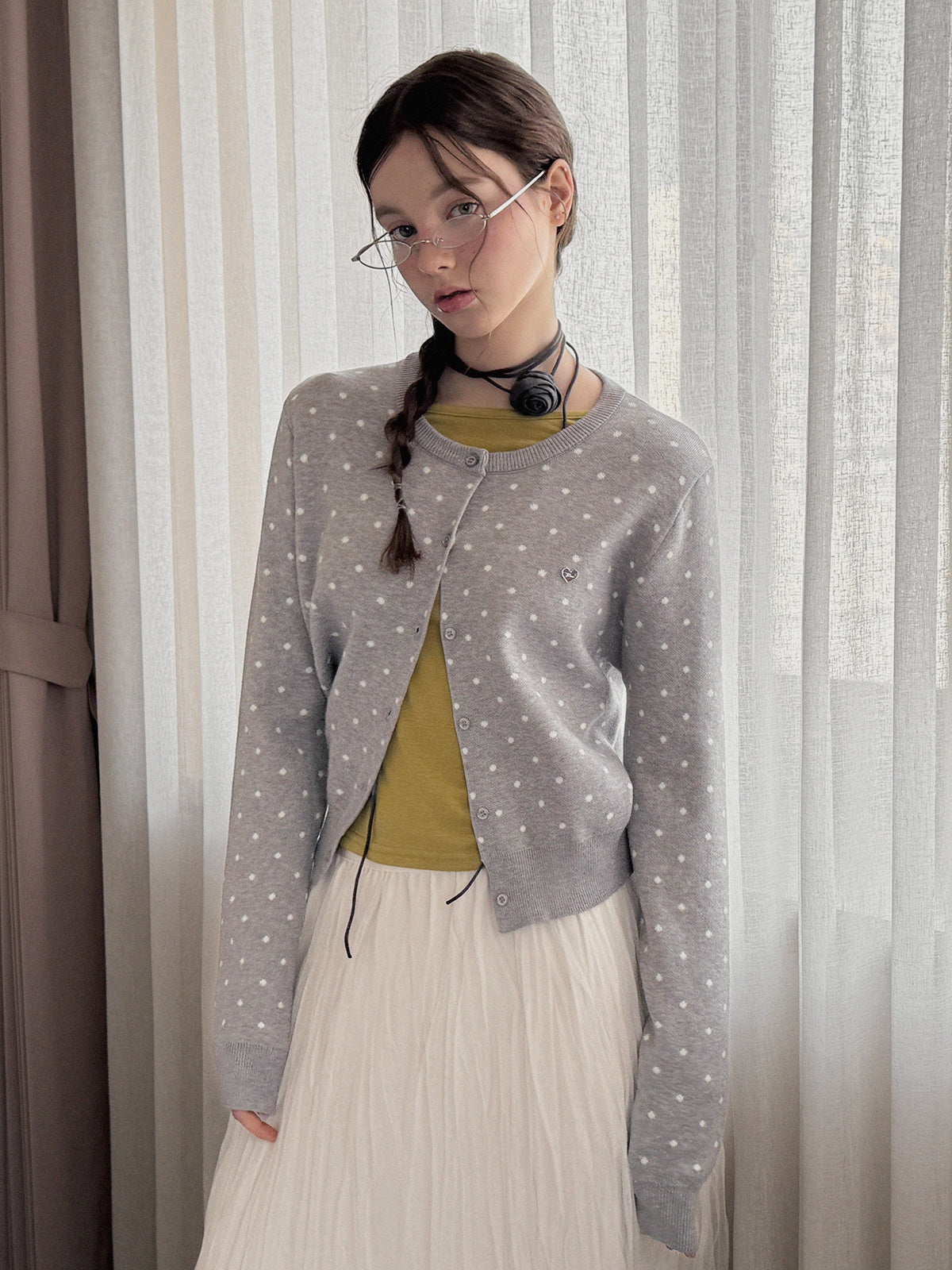 [TWEE] Pennin Dot Long-Sleeve Knit Cardigan