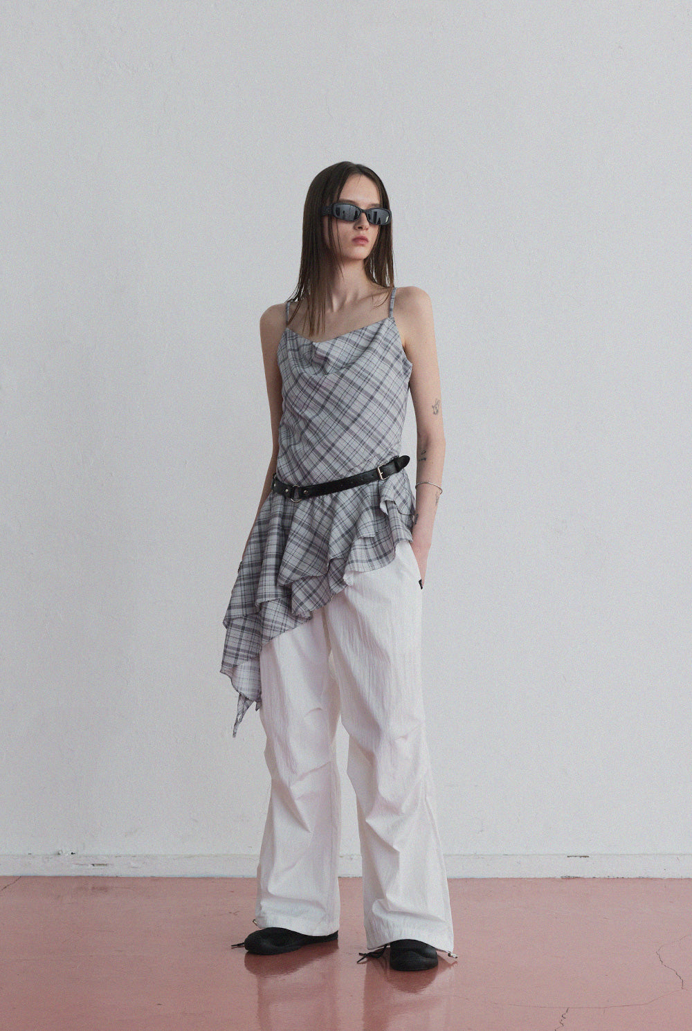 ● TWEE ● GROWHIDE Tuck Shirring Check Asymmetrical Dress Tup shirring check asymmetrical dress