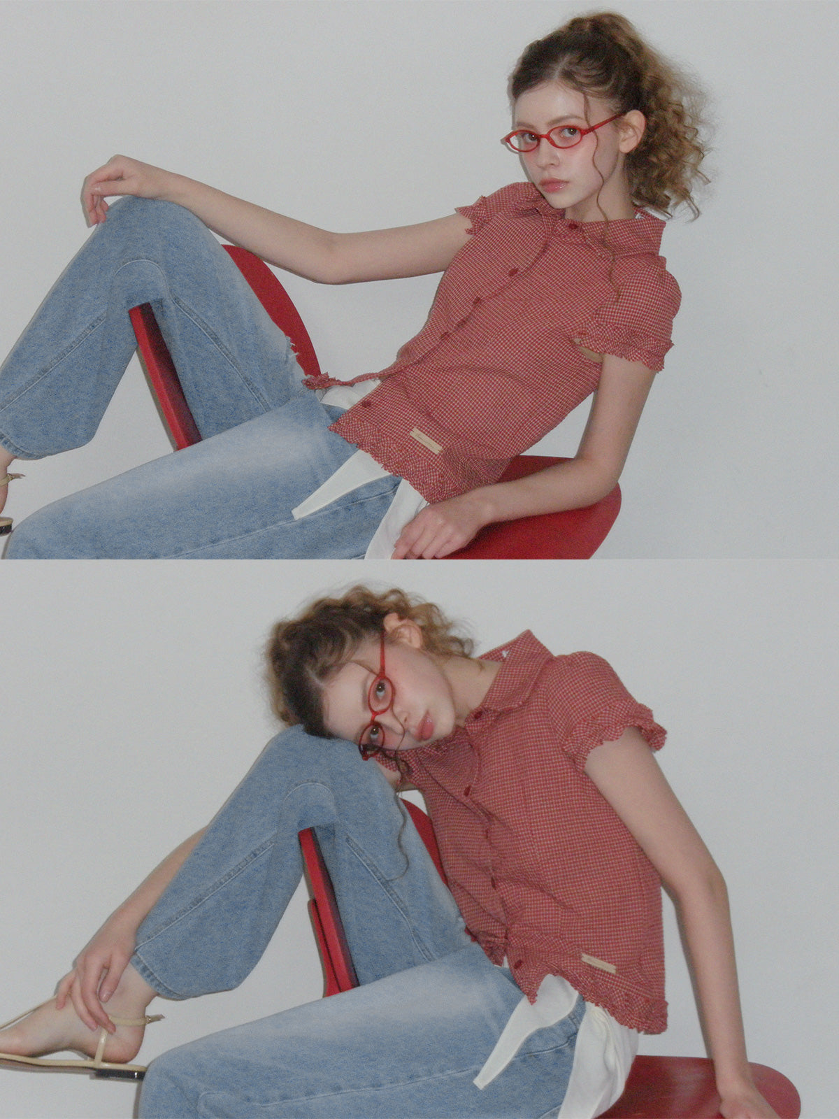 [TWEE] Roel check frill short sleeve blouse