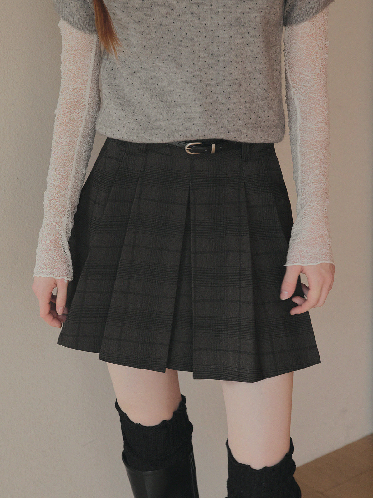 [TWEE] Roben Check Pleated Mini Skirt (with Belt Set)