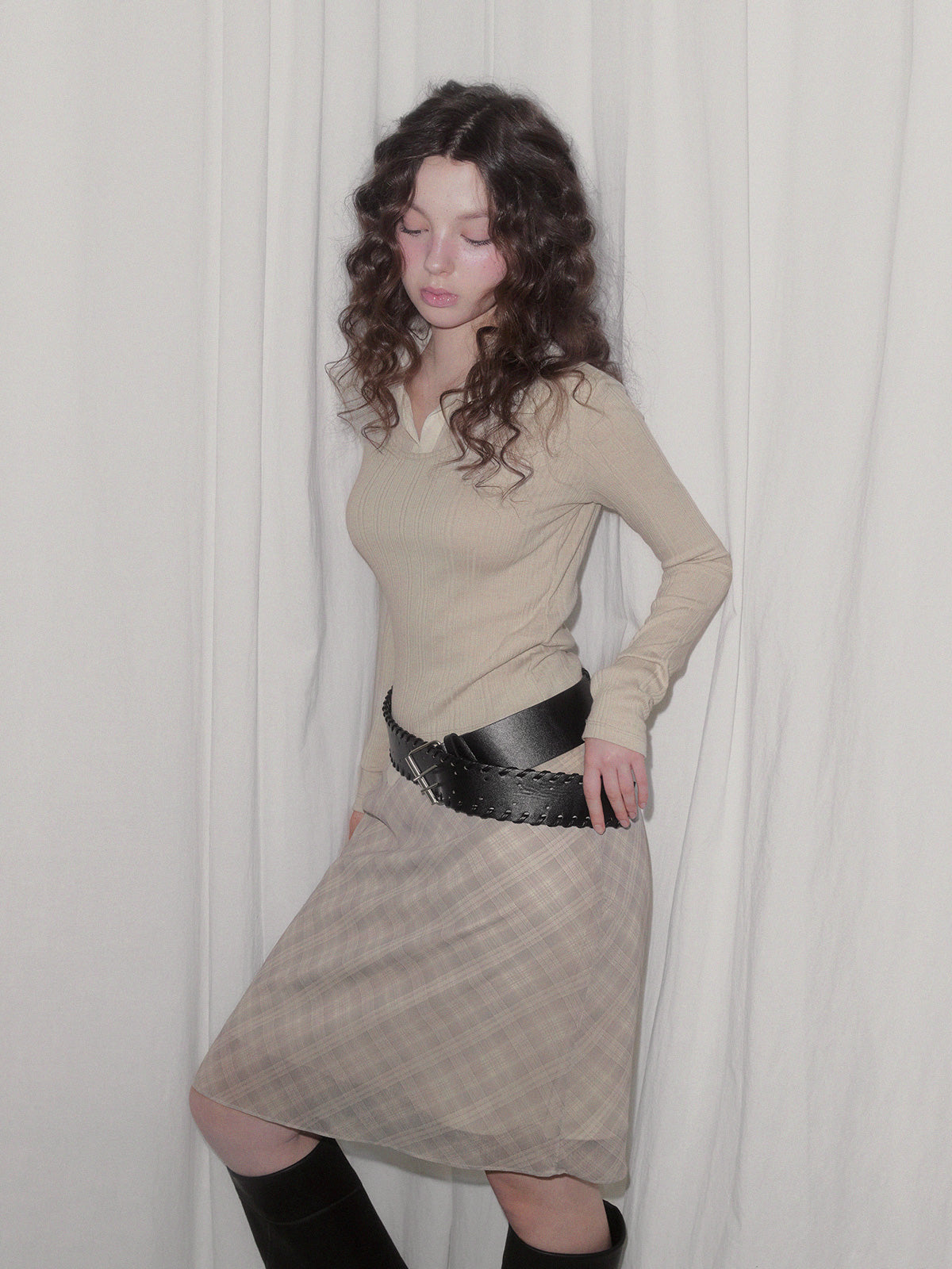 [TWEE] Revel sheer collar rib long sleeve t-shirt