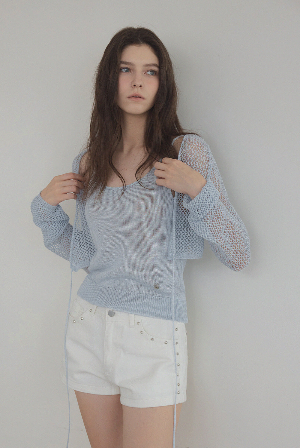 [TWEE] Louver Punching Strick Tank Cardigan Set