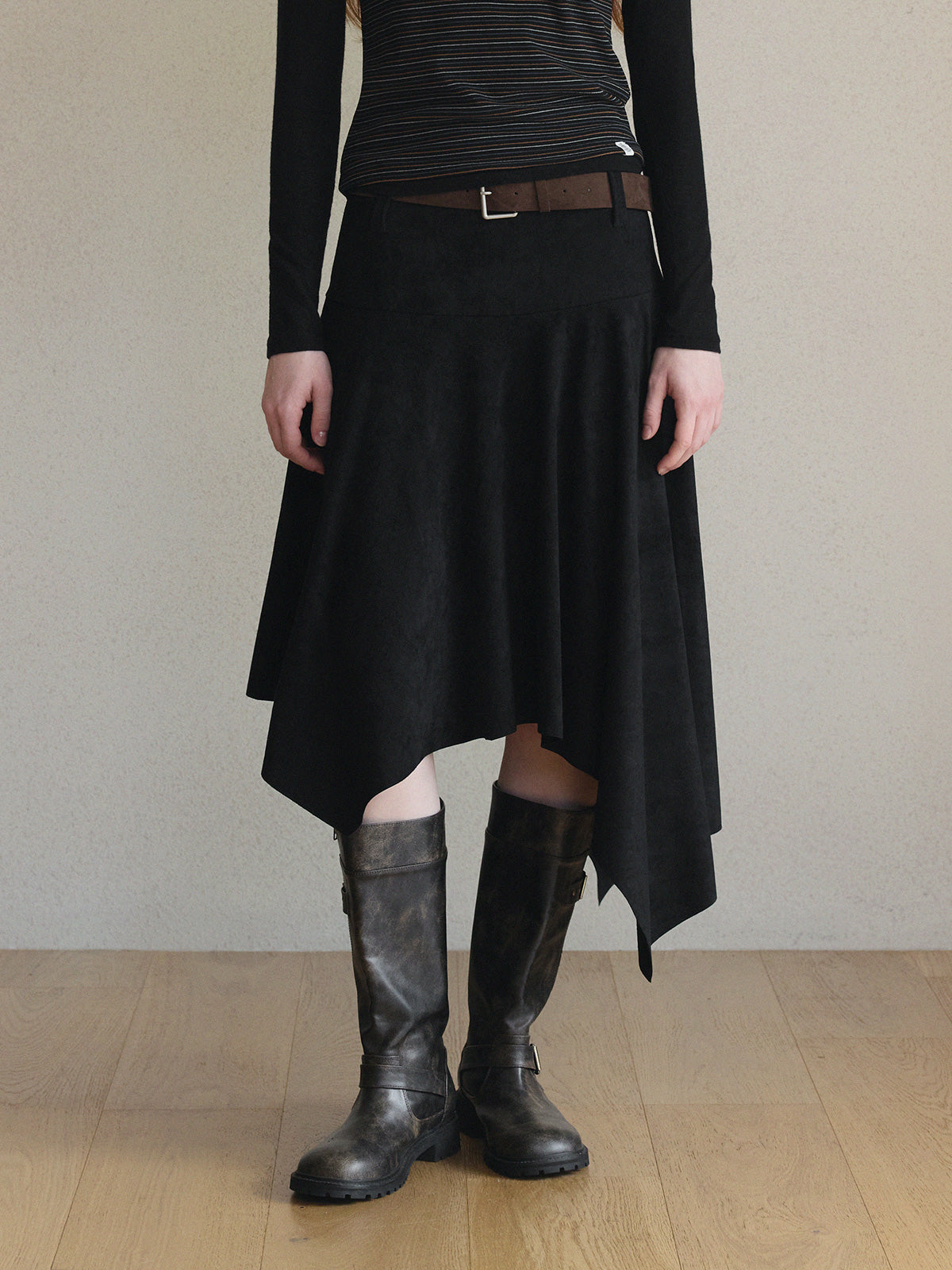 [TWEE] Aden Asymmetrical Suede Midi Skirt (with Belt Set)