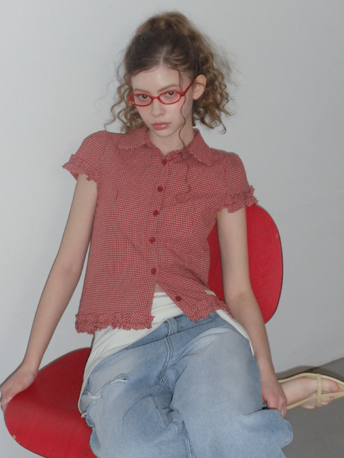 [TWEE] Roel check frill short sleeve blouse