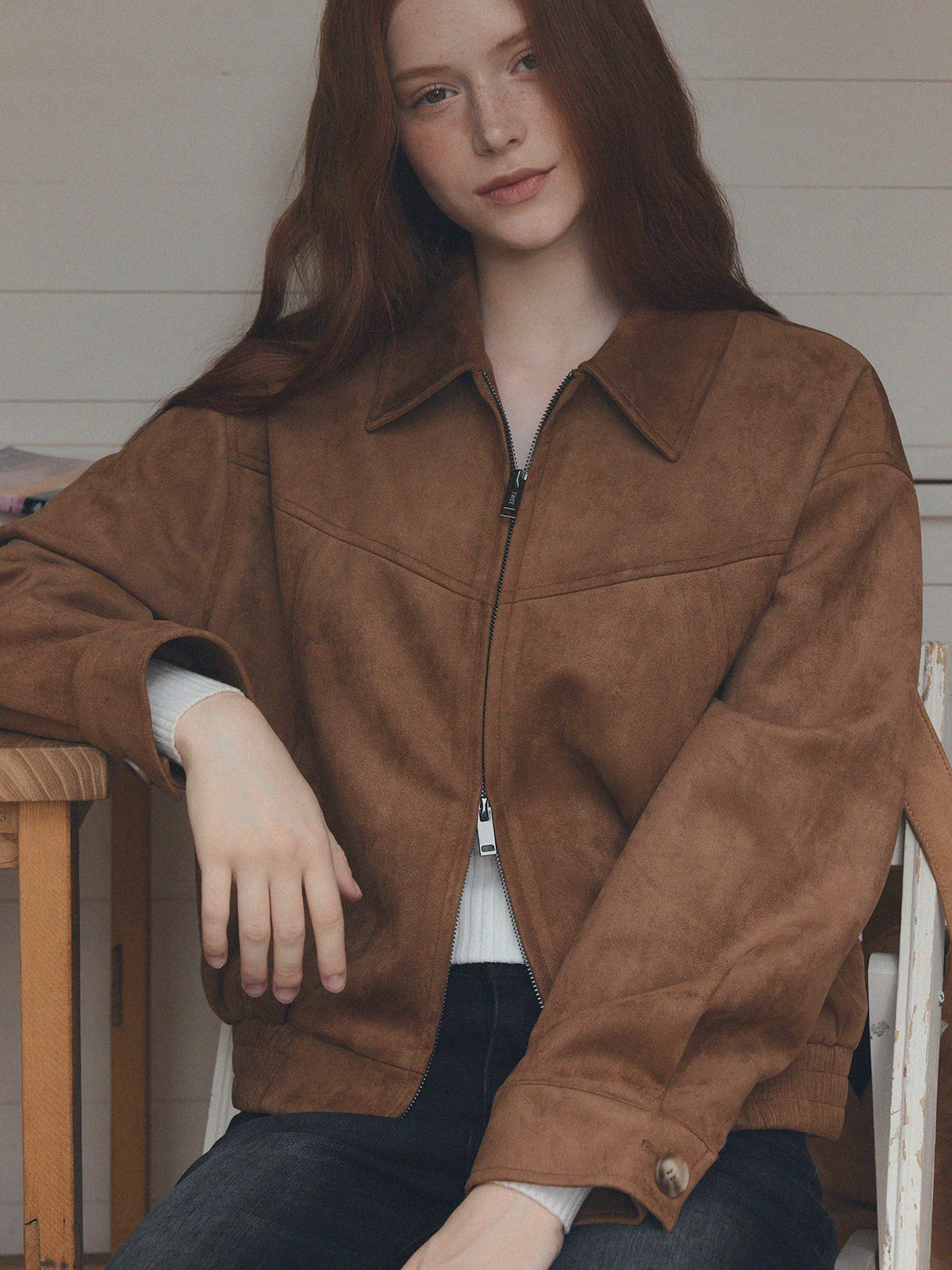 [TWEE] Loved Collar Blouson Jumper [Suede/ Leather]