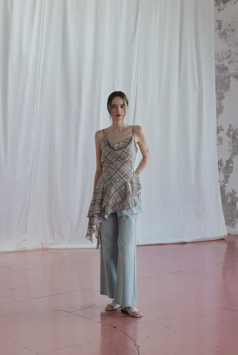 ● TWEE ● GROWHIDE Tuck Shirring Check Asymmetrical Dress Tup shirring check asymmetrical dress