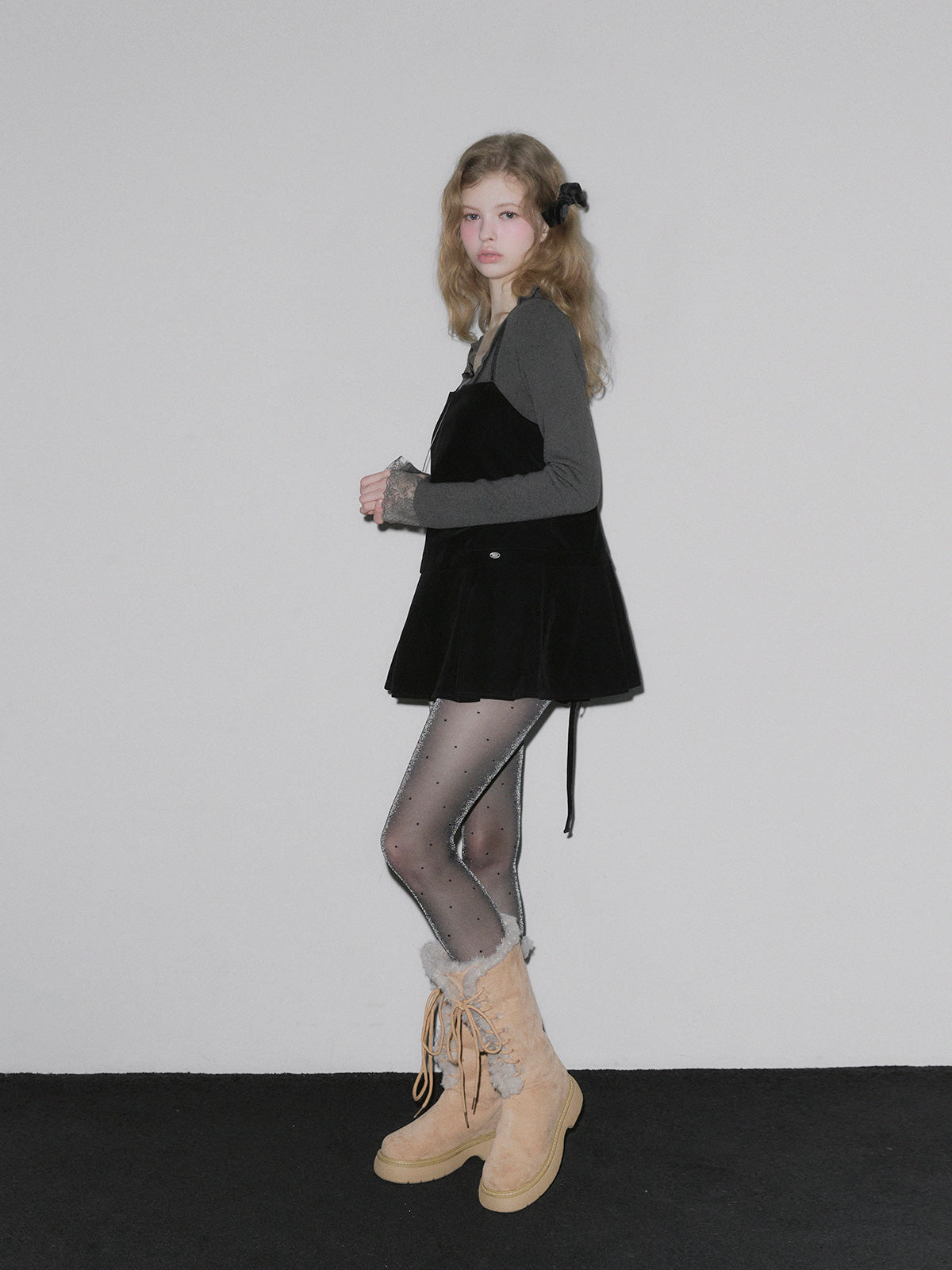 [TWEE] Pudin Velour Layered Mini Dress