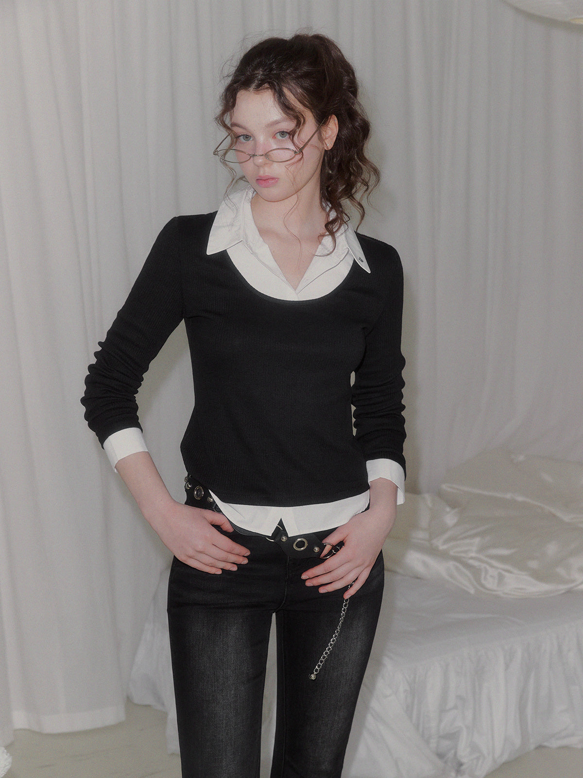 [TWEE] Ellen contrast rib long sleeve t-