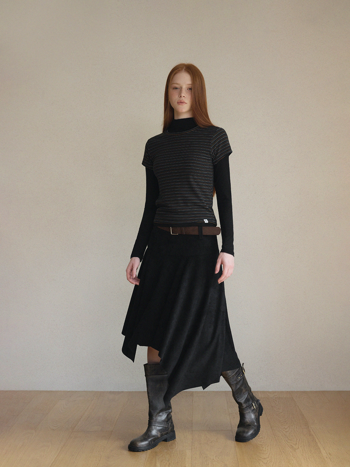 [TWEE] Aden Asymmetrical Suede Midi Skirt (with Belt Set)