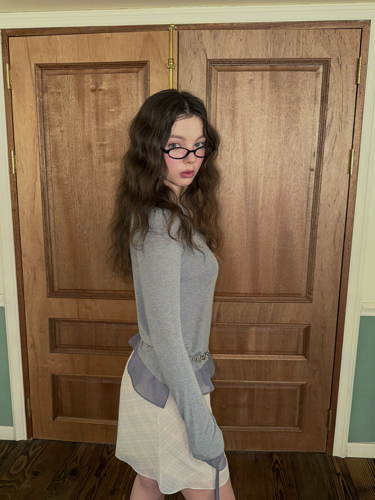 [TWEE] Canvil Sheer Layered Strap Long Sleeve T-Shirt