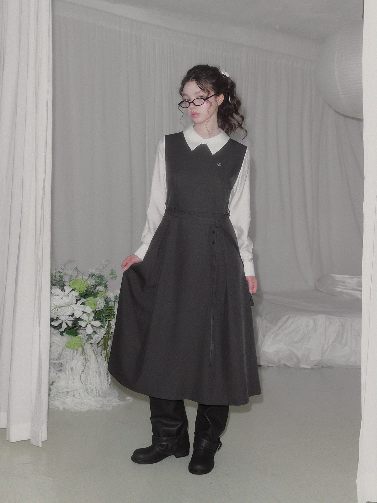 [TWEE] Riven shirt contrast pintuck long dress (strap set)