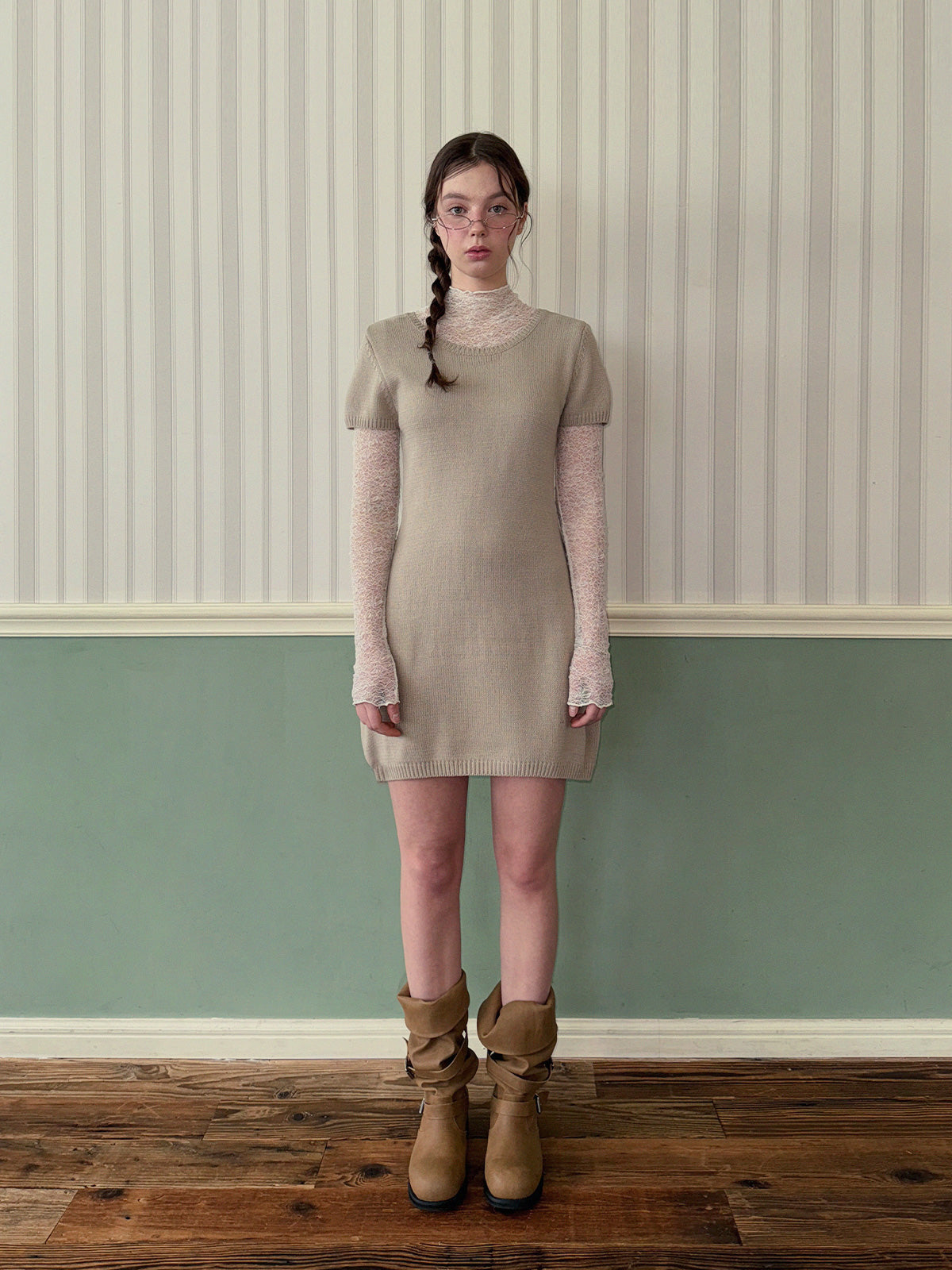 [TWEE] Eton Knit Short-Sleeve Mini Dress (Strap Set)