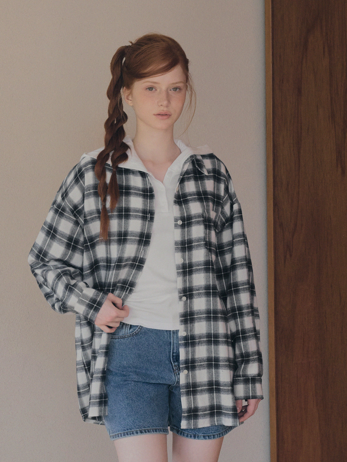 [TWEE] Rand Check Oversized Long Sleeve Shirt