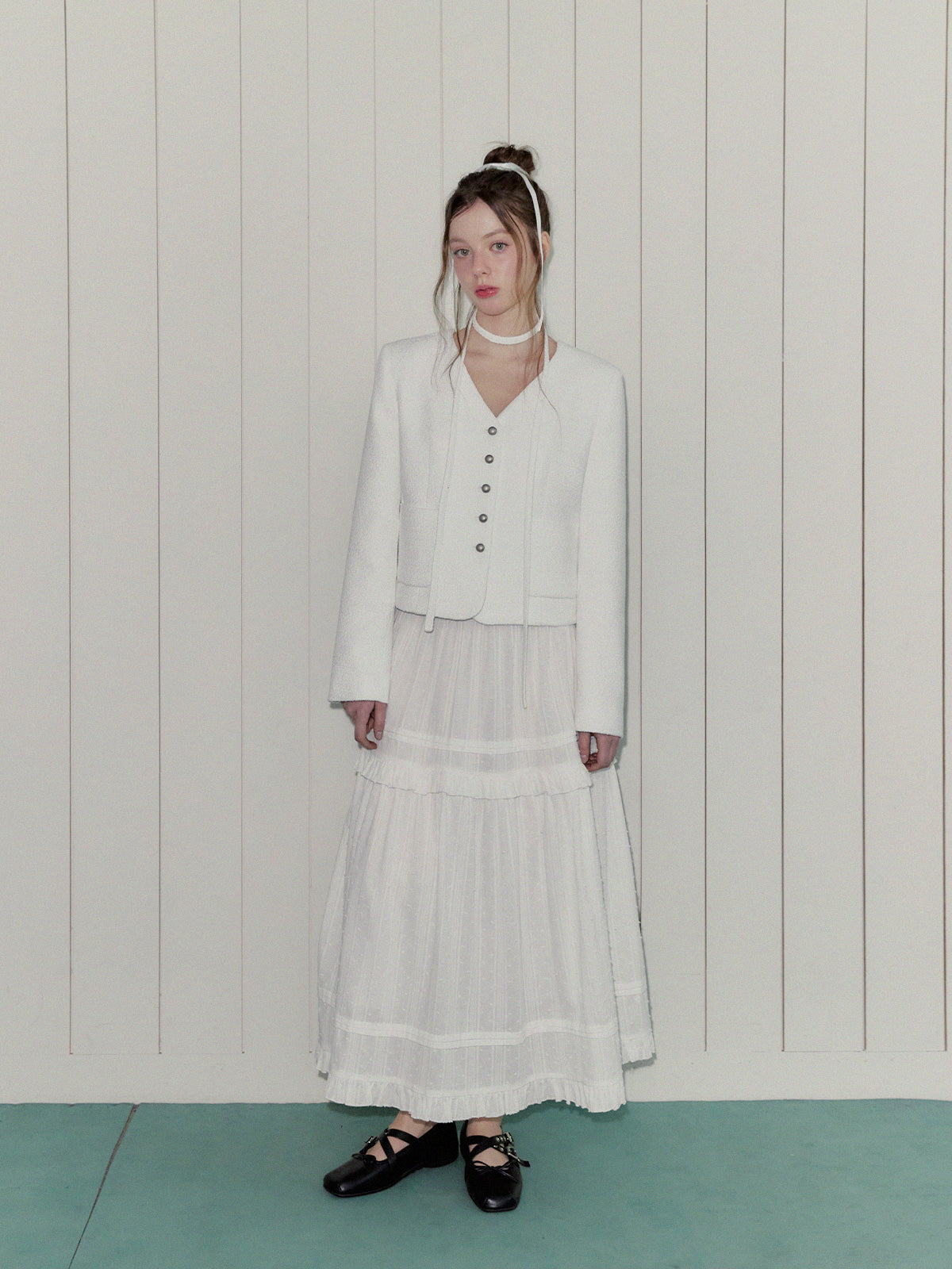 [TWEE] ROAN Tweed V-Neck Single-Button Jacket (Strap Set)