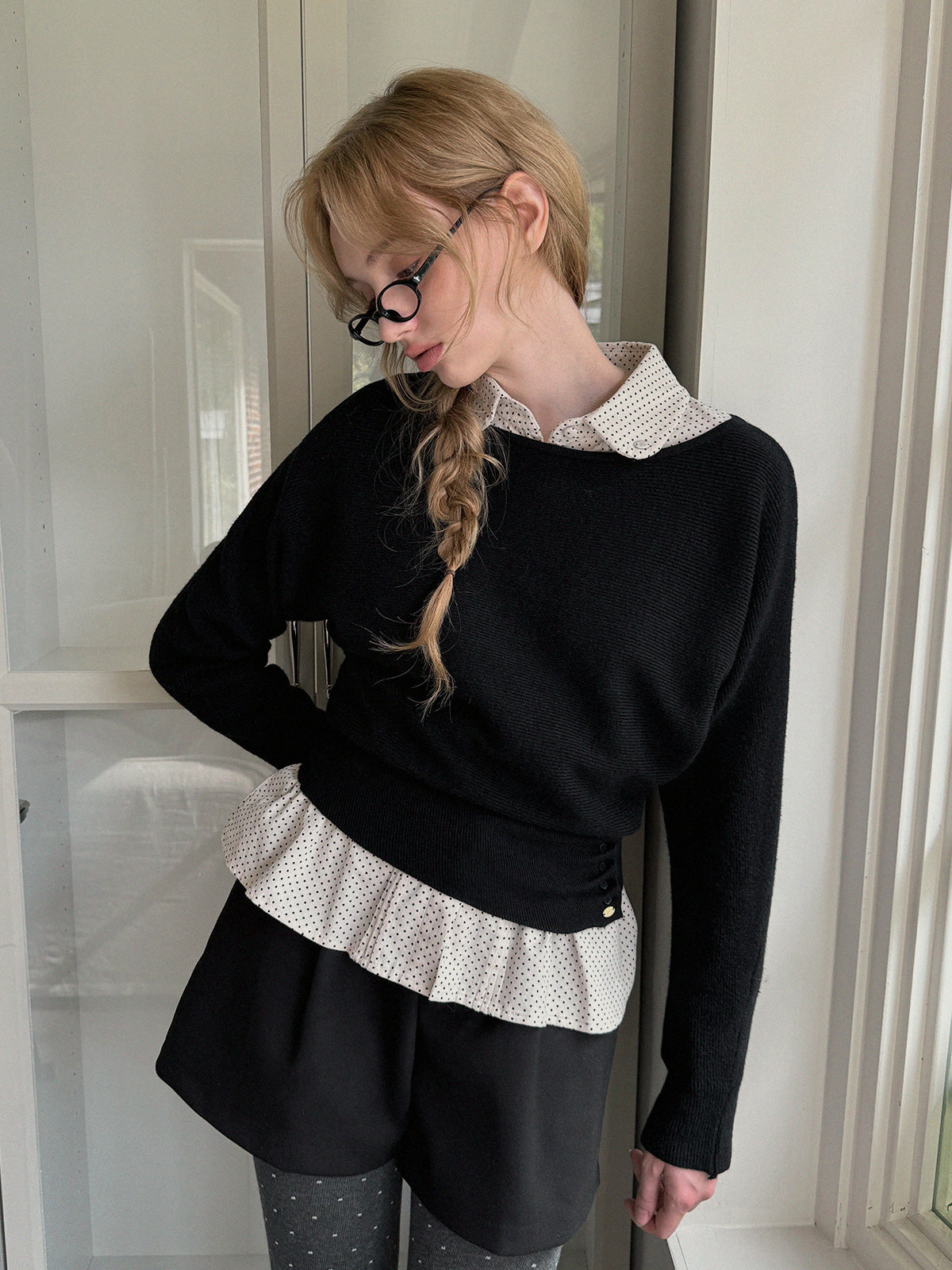 [TWEE] Itco Boatneck Waist Button Knit Top