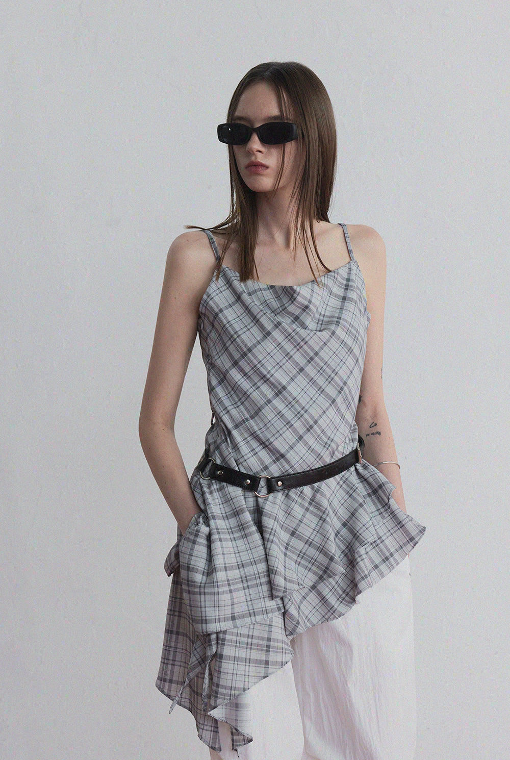 ● TWEE ● GROWHIDE Tuck Shirring Check Asymmetrical Dress Tup shirring check asymmetrical dress