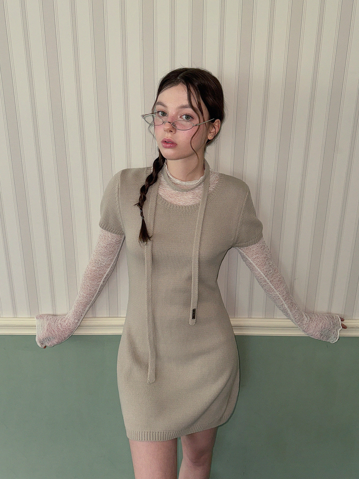 [TWEE] Eton Knit Short-Sleeve Mini Dress (Strap Set)