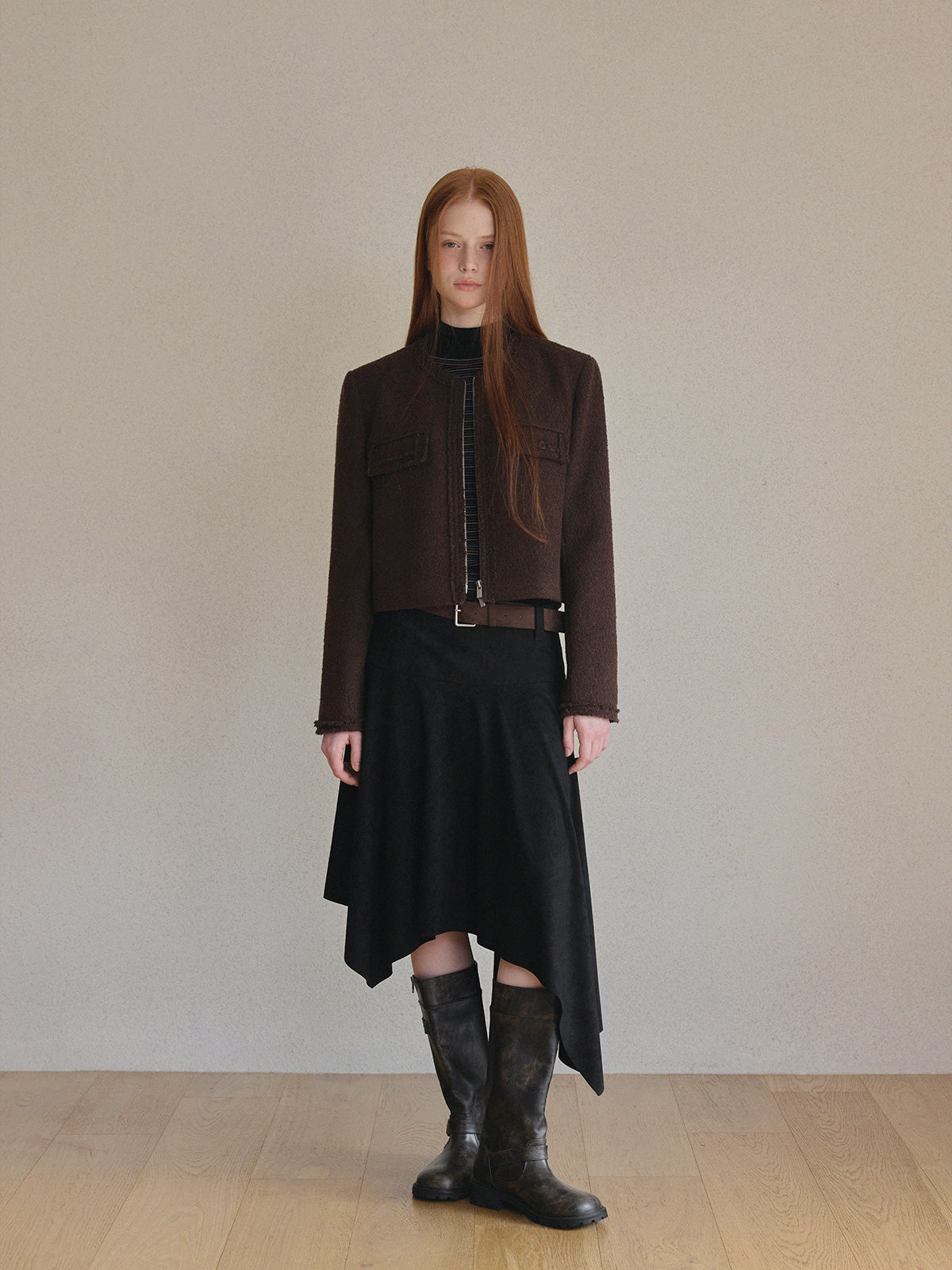 [TWEE] Aden Asymmetrical Suede Midi Skirt (with Belt Set)