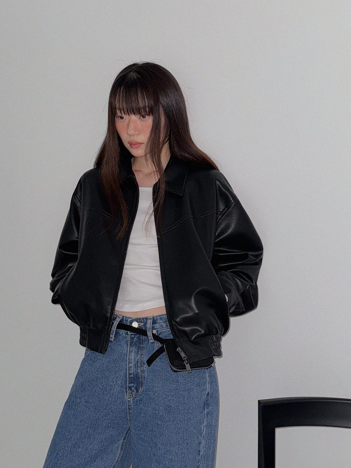 [TWEE] Loved Collar Blouson Jumper [Suede/ Leather]