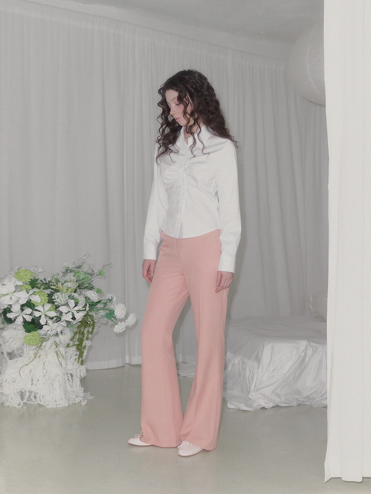 [TWEE] Pillen Shirring Slim-fit Long Sleeve Shirt