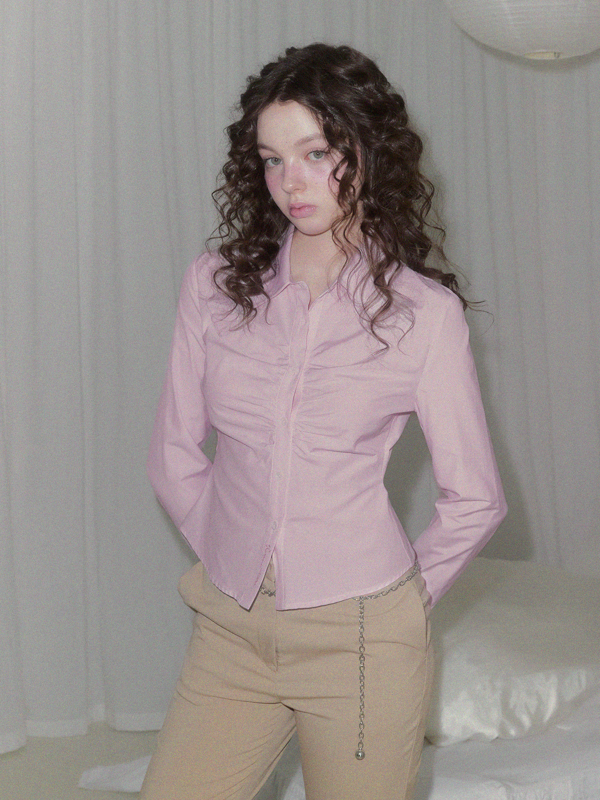 [TWEE] Pillen Shirring Slim-fit Long Sleeve Shirt